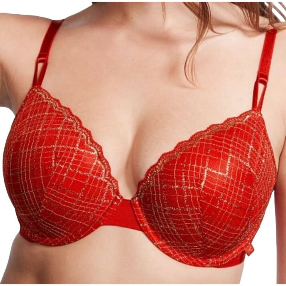 Victoria's Secret Bra Push Up Size 36DDD Lipstick Red Lace Gold T-Shirt Holiday